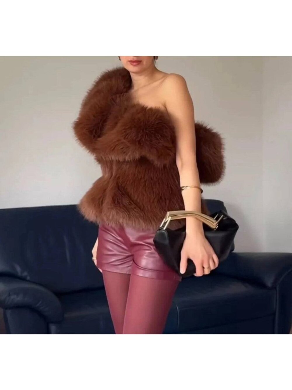 Zara Faux Fur Womens Shirt One shoulder Top Medium Brown NWT